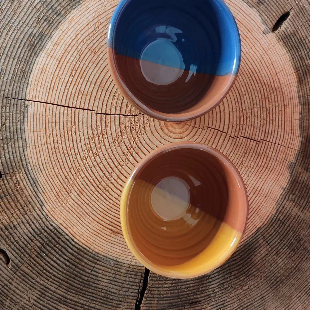 West Elm Two-Tone Ceramic Bowls - Blue, Brown, Yellow